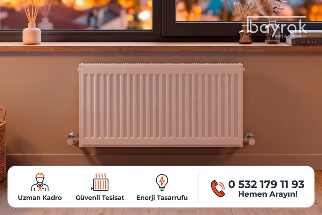 Antalya'da sıcak bir akşam atmosferine sahip modern bir odada pencere altına monte edilmiş, antalya kombi radyatör hizmeti kapsamında kurulumu tamamlanan panel radyatör petek sistemi.