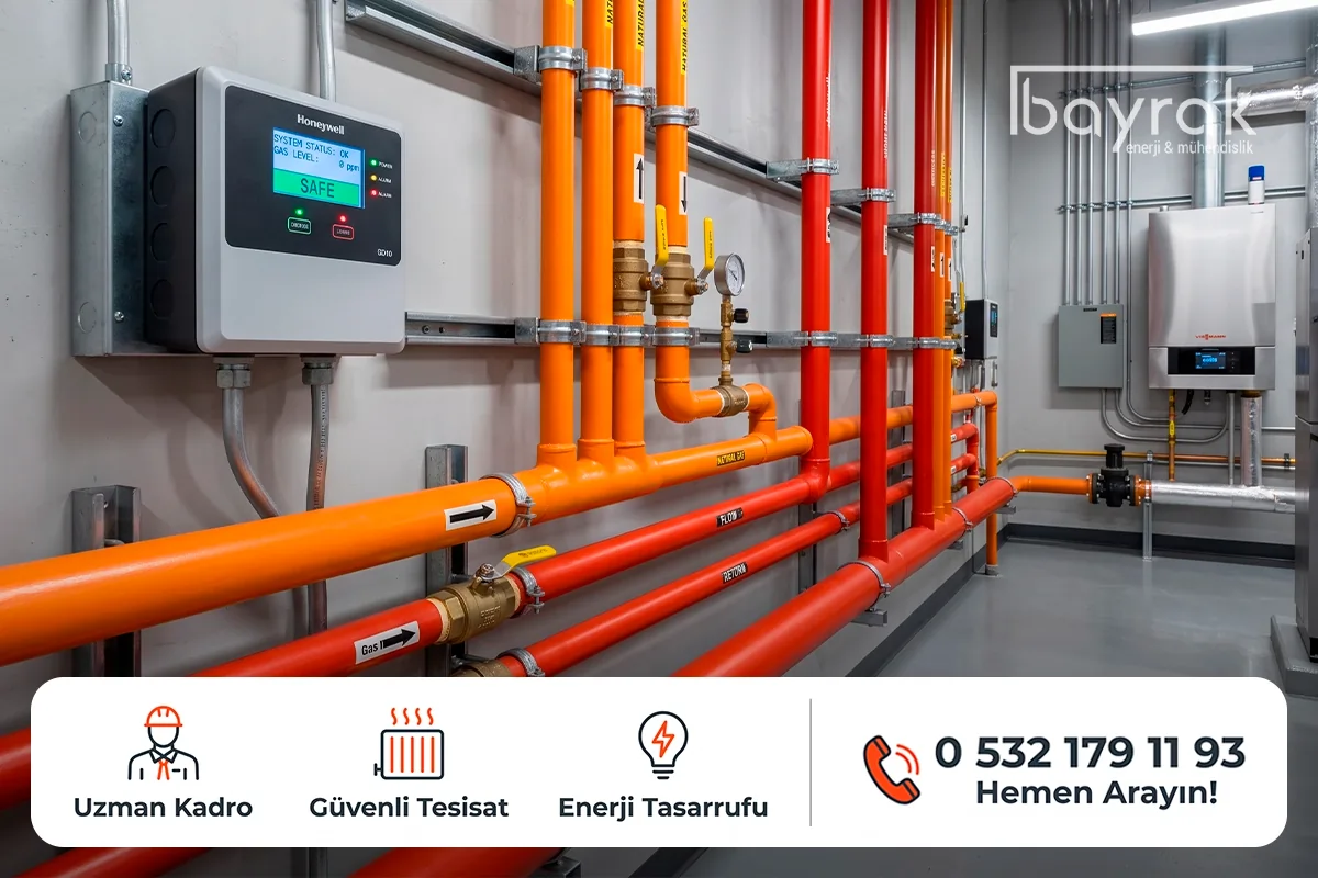 Antalya'da profesyonel kazan dairesinde Honeywell gaz emniyet sistemi ve güvenli doğalgaz tesisatı boru hatları uygulaması.
