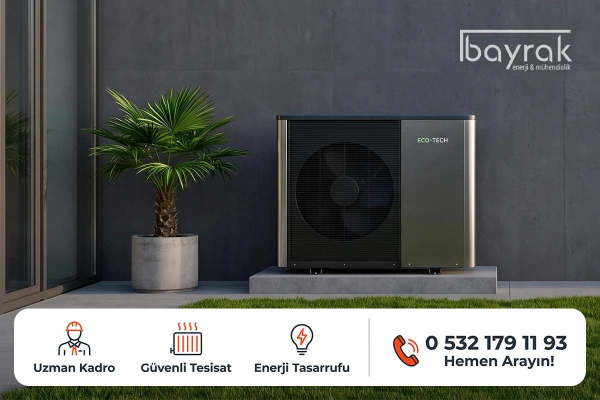 Antalya'da bir villanın bahçesine monte edilen ECO-TECH dış ünite ile ısı pompası ne kadar elektrik harcar sorusuna yüksek tasarruflu yanıt sunan sistem tasarımı.
