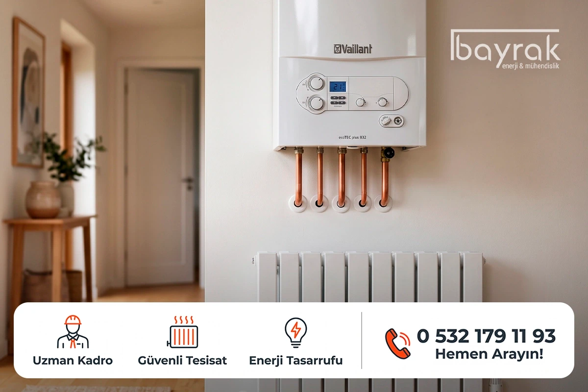 Antalya'da bir konutun iç mekanına estetik şekilde monte edilmiş Vaillant kombi ve hemen altındaki modern panel radyatör kalorifer peteği sistemi altyapısı.